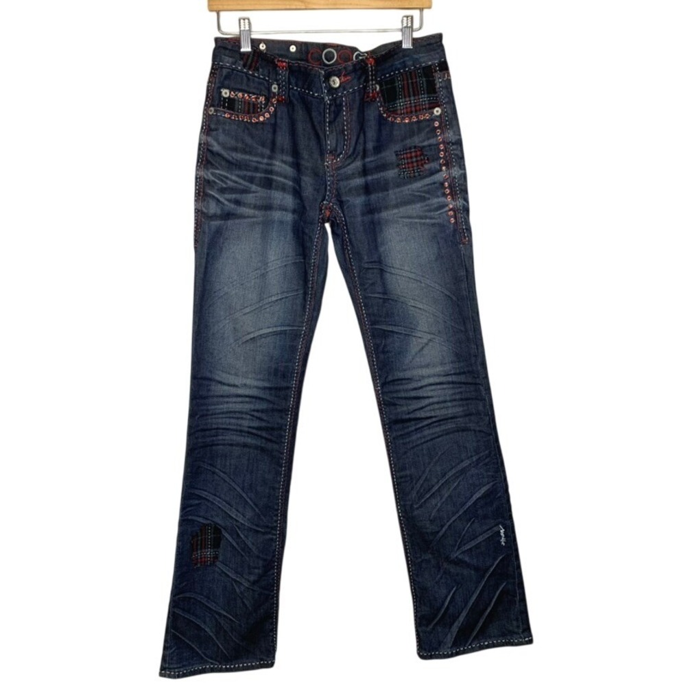 Coogi Australia Womens 9/10 Plaid Patchwork Rhinestone Dark Wash Denim Jeans Y2K